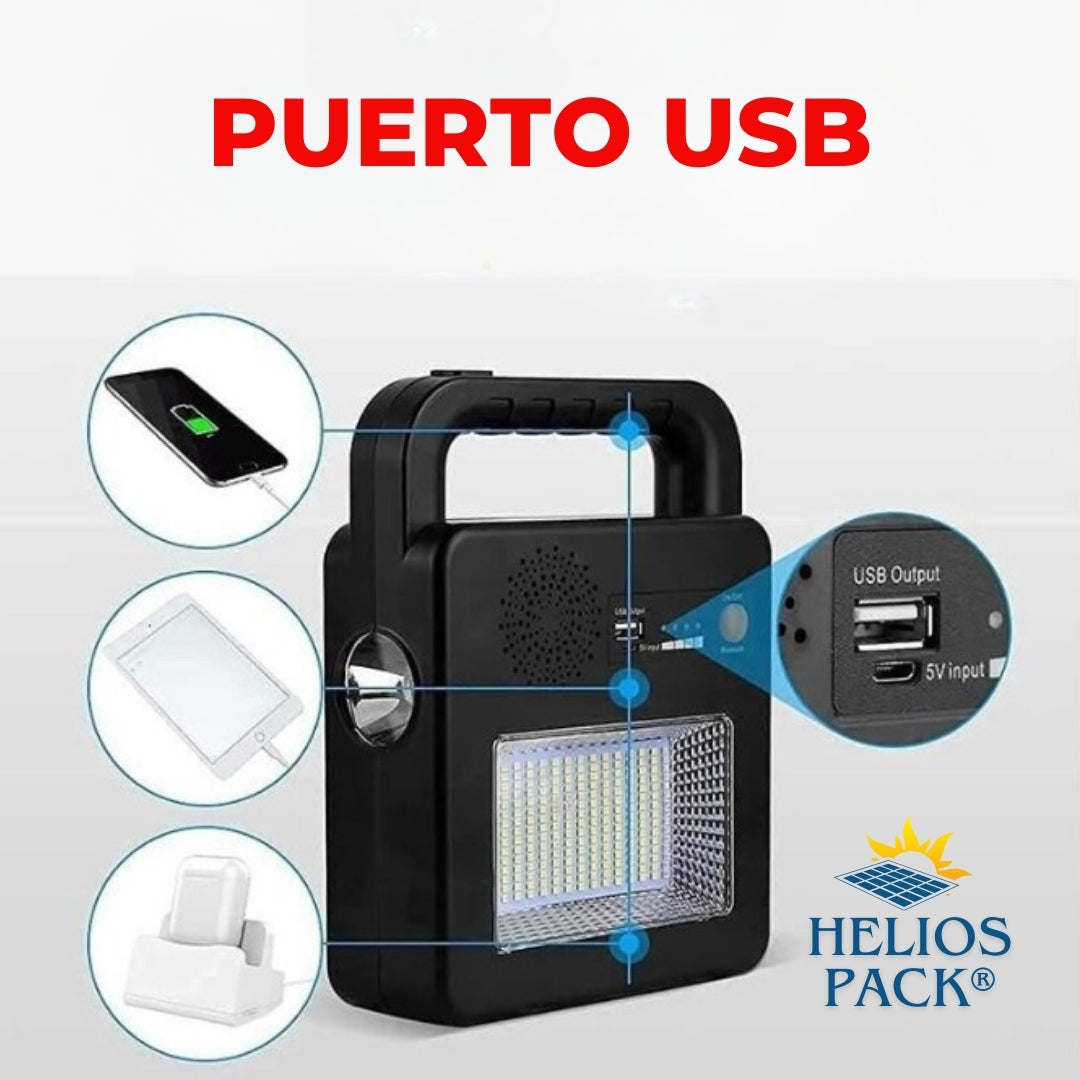 Helios Pack® | Generador de carga solar (Luz de emergencia, cargador y reproductor Bluetooth)